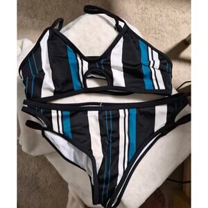 Bikini Bundle (2 Sets)  CUPSHE Teal Striped Bikini & Unknown Blue Ruffle - Small